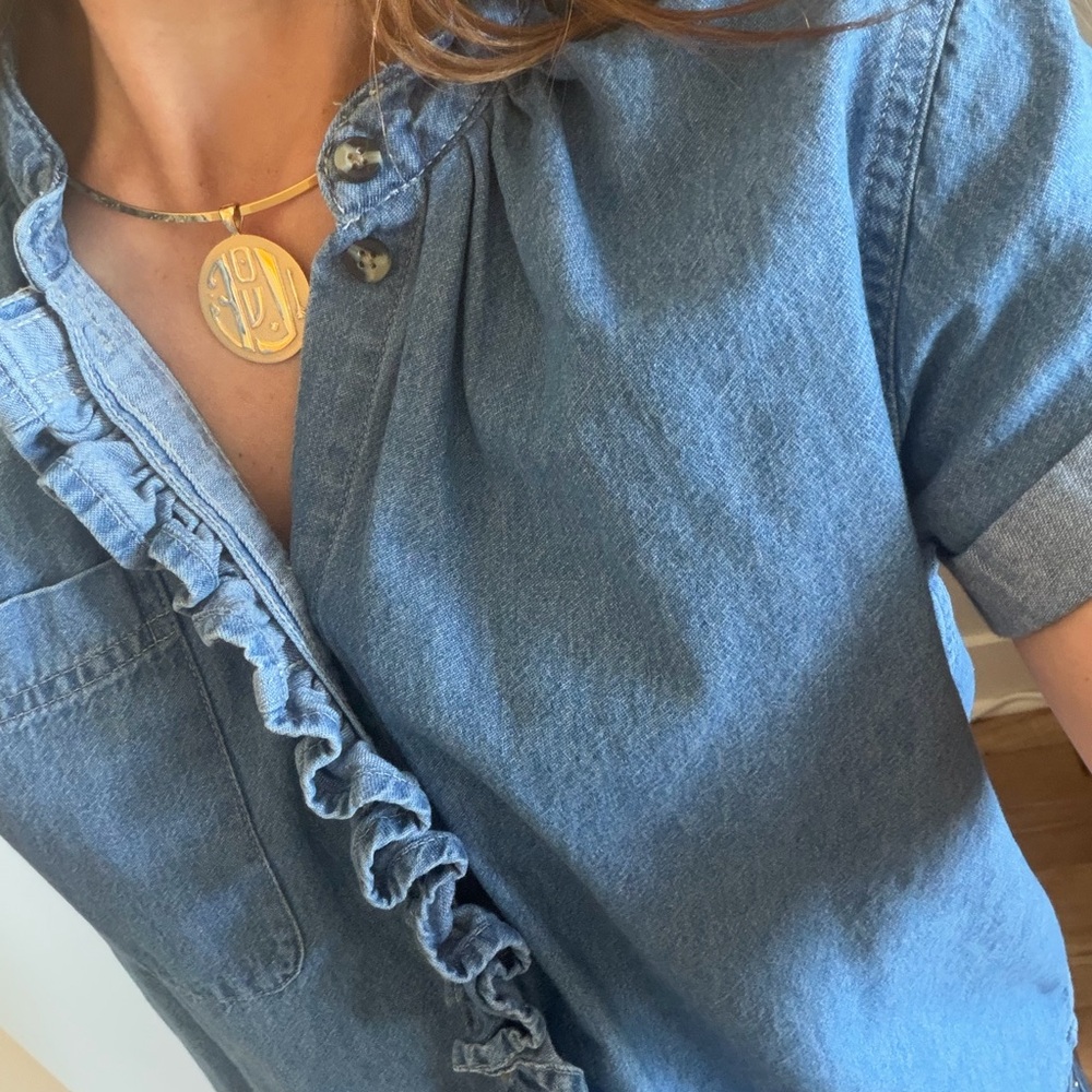 KMJ "CORI" Denim vertical Ruffle Button-Down Shirt - Light Blue